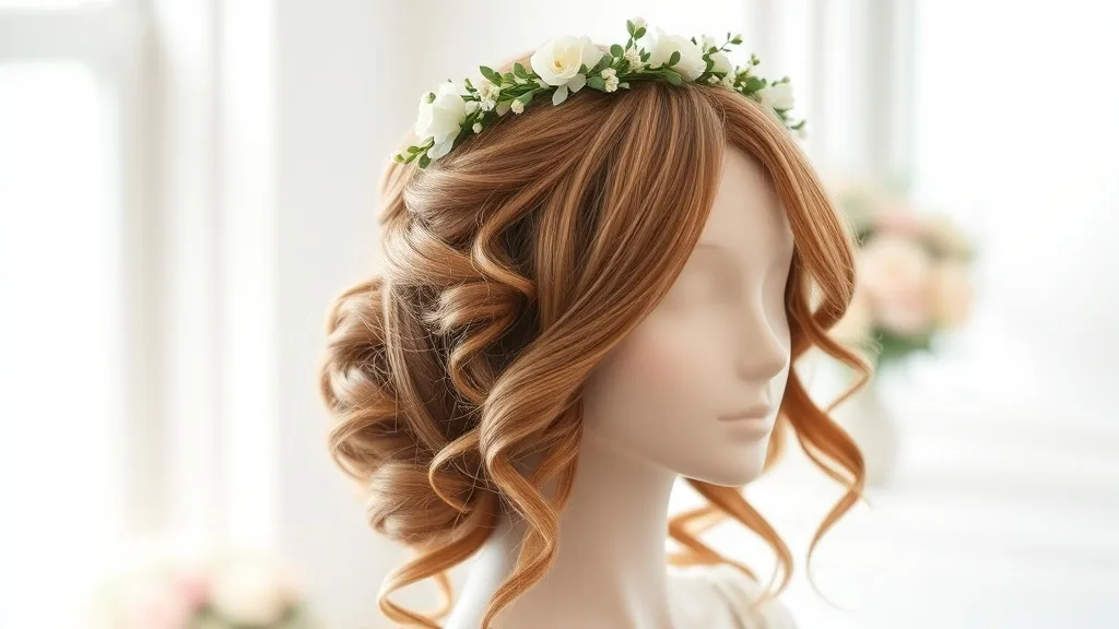 A completed bridal wig styled with soft curls and a delicate floral crown, showing a natural hairline.