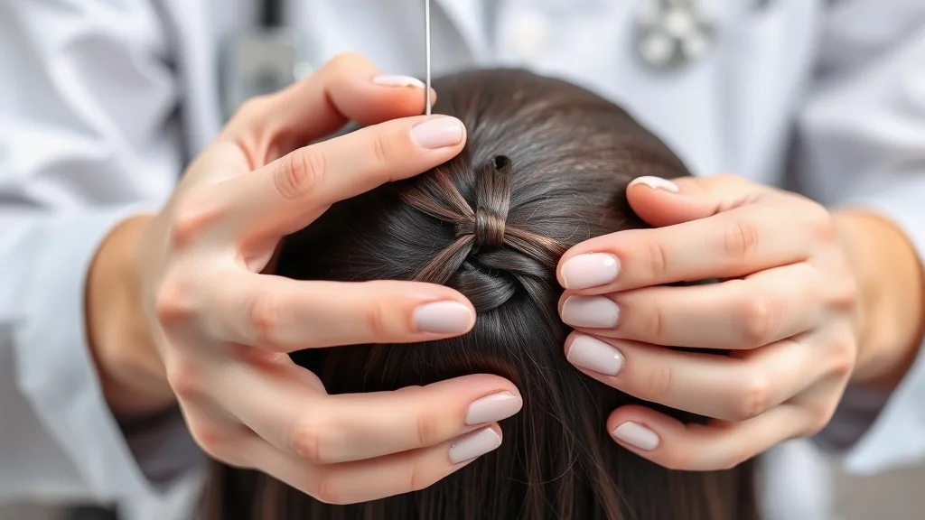 A professional wig stylist's hands carefully tying a knot onto a wig cap using a ventilation needle.
