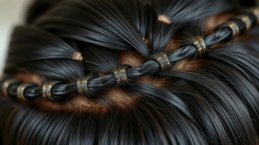 Close-up of a wig cap showing hand-tied knots with individual strands of hair, some bleached for a natural scalp effect.