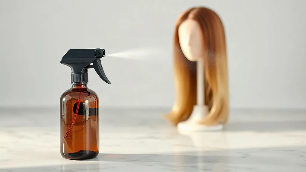 Heat protectant spray bottle with a fine mist visible in the air near a human hair wig on a stand.