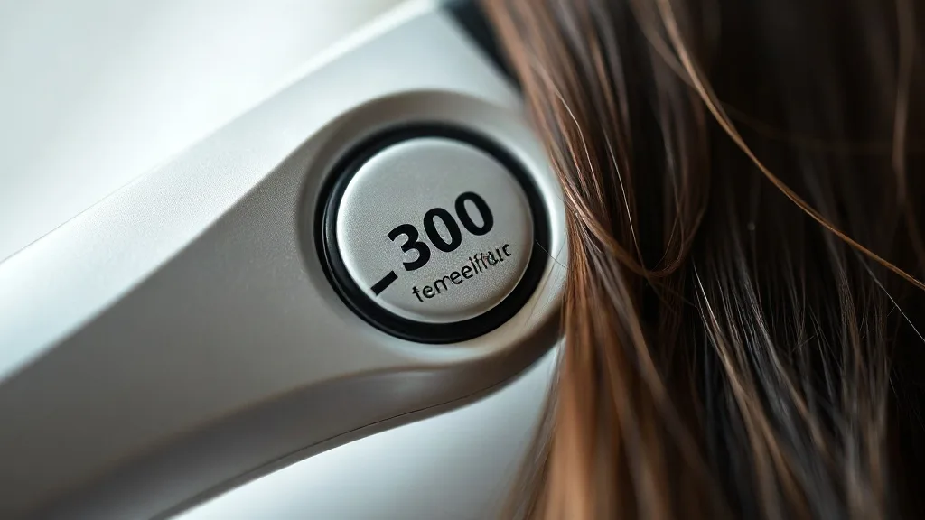 Close-up of a flat iron temperature dial set to 300 degrees Fahrenheit with human hair and synthetic wig fiber strands nearby.