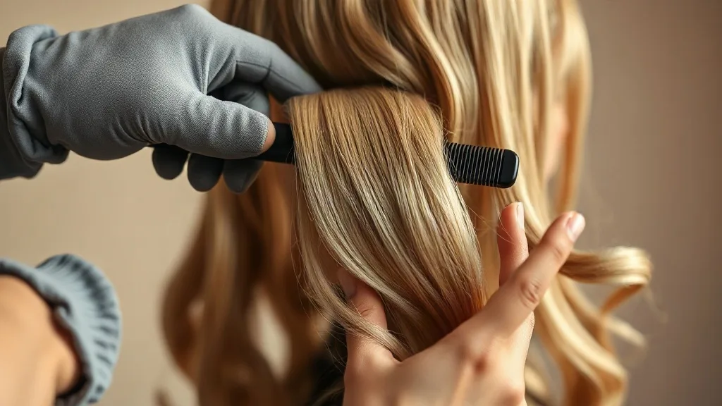 Close-up of a hand in a heat-resistant glove passing a flat iron through a section of a wig pinned to a styling block