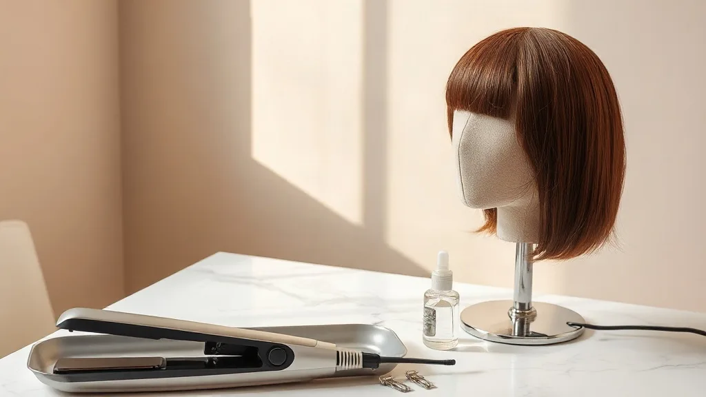 A human hair wig pinned to a canvas block on a stand, with a flat iron, heat protectant spray and wide-tooth comb arranged on a marble counter beside it