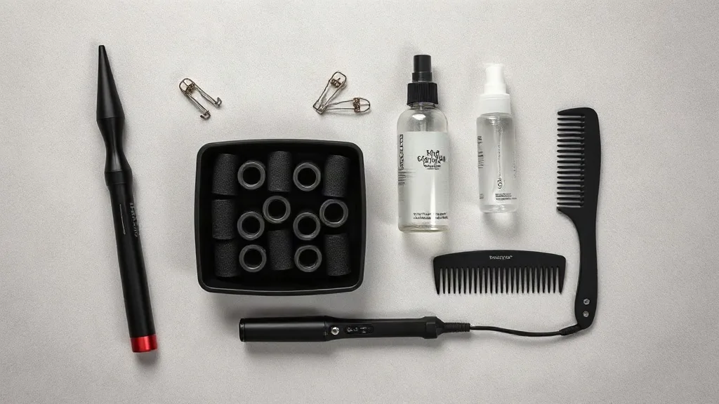 Overhead flat lay of a curling wand, hot rollers, flat iron, thermal protectant spray and sectioning clips on a pale surface