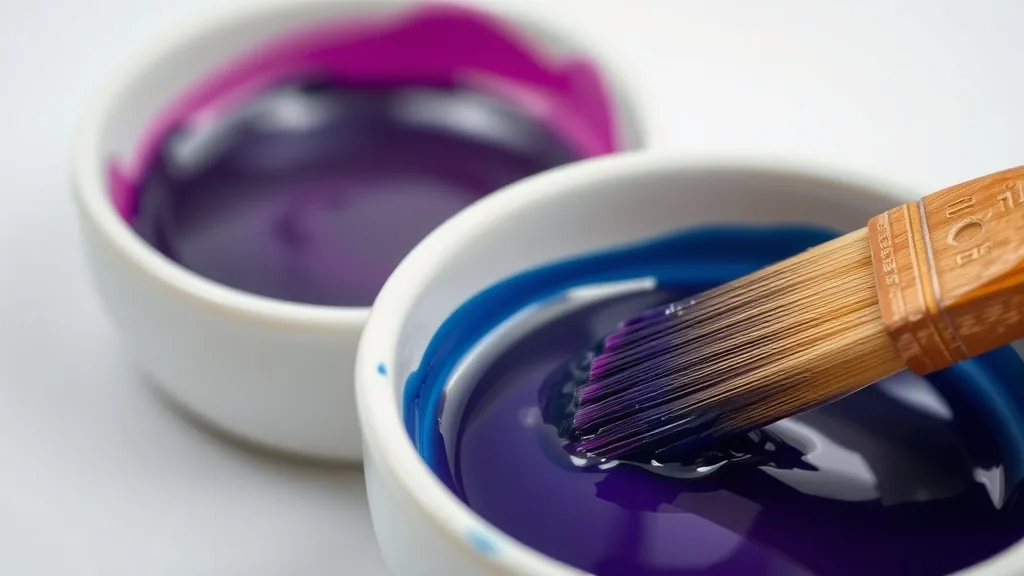 Close-up of a mixing bowl with hair dye and a brush, colorful dye visible