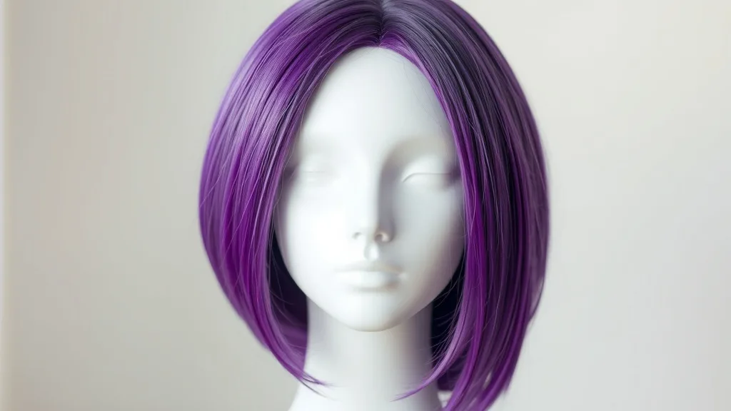 A vibrant purple wig on a mannequin head, fully dry