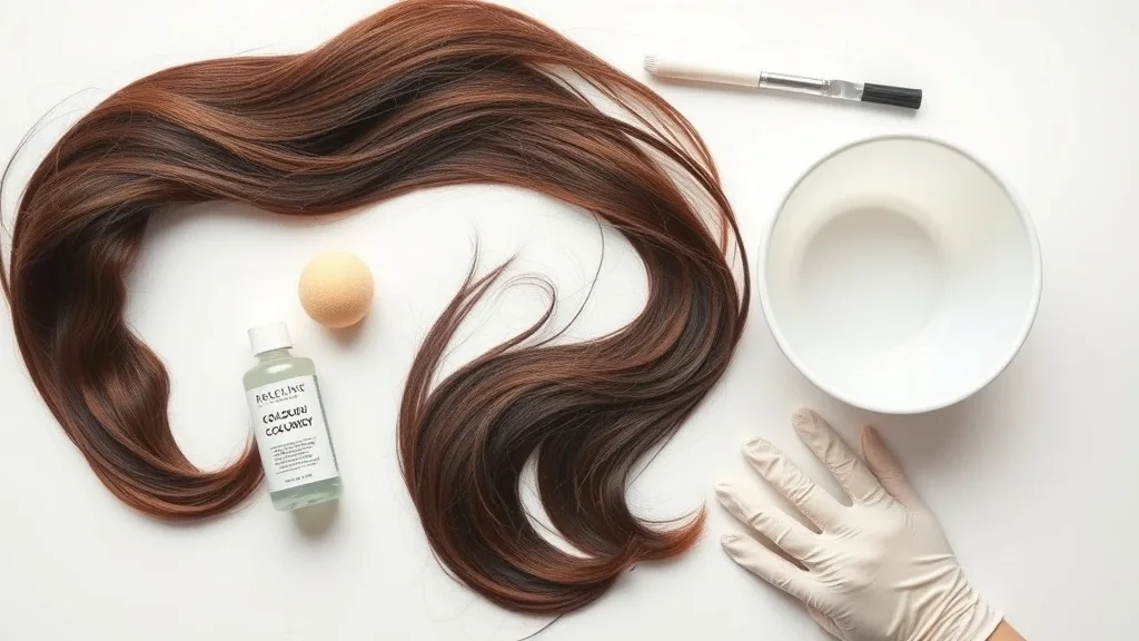 Array of wig coloring tools: sponge, color, gloves, bowl