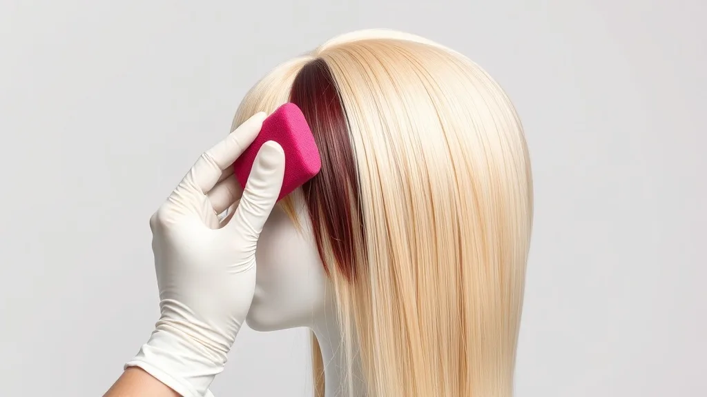 Side view of a wig with color being applied in small sections using a sponge