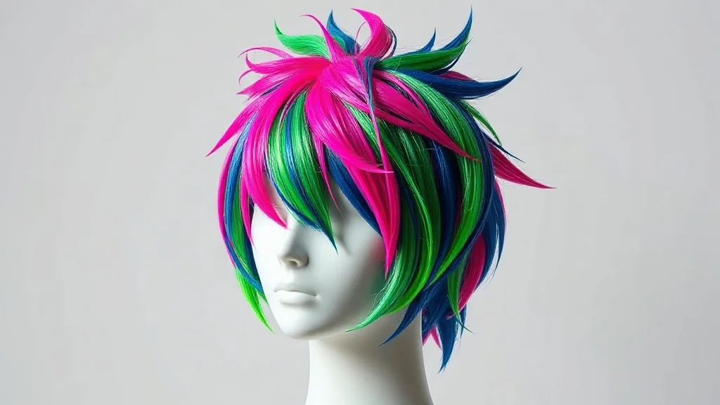 A finished wig with rainbow streaks of color wax styled into spikes