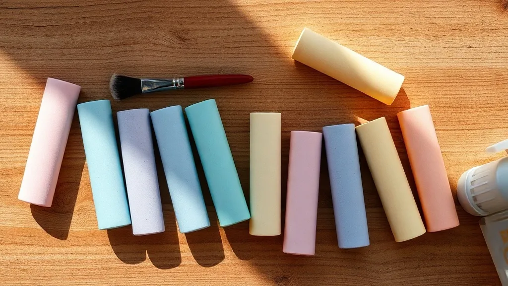 Pastel chalks and a brush on a wooden table