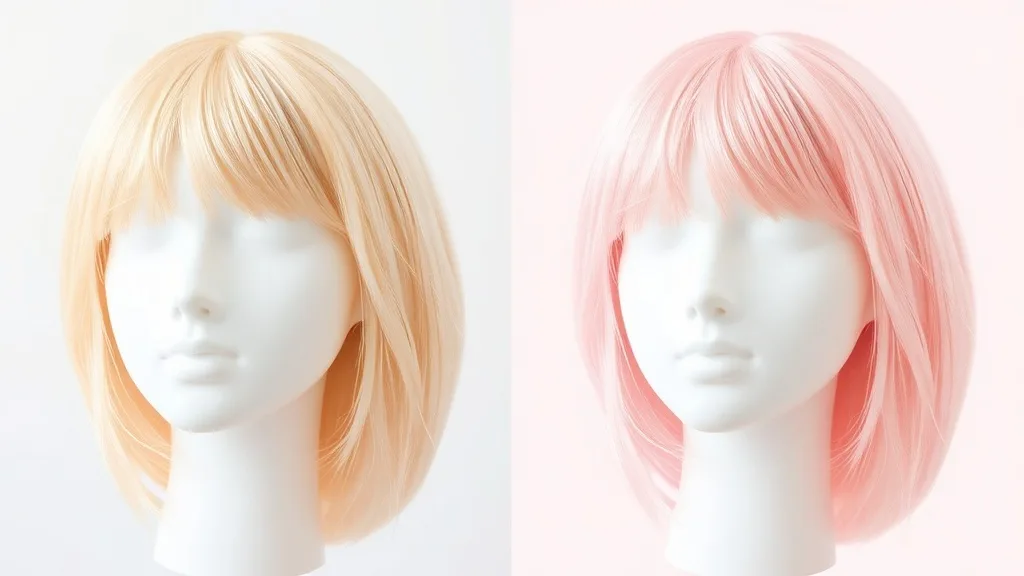 Comparison of a blonde wig before and after applying pastel pink chalk dye
