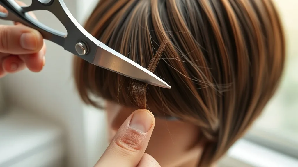 Close-up of scissors vertically snipping into the ends of a short brown wig