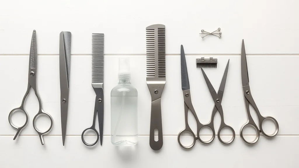 Various hair cutting tools including shears, comb, clips, and spray bottle on a wooden surface