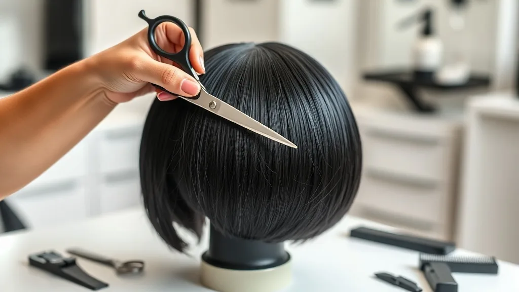 Person using hair shears to trim a short black wig on a mannequin head