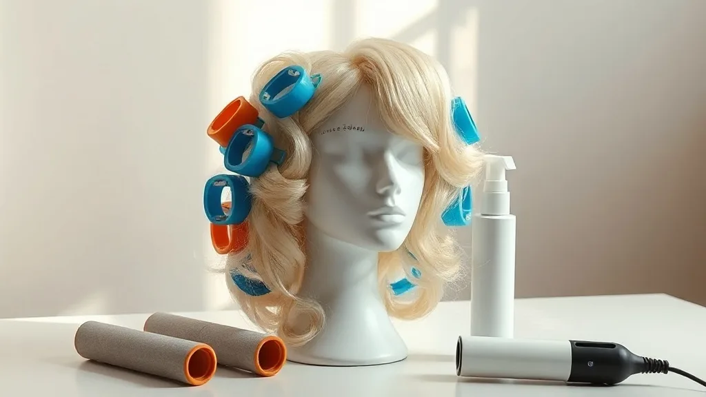 A mannequin head wearing a blonde wig with several hot rollers clipped in, with more rollers on a table