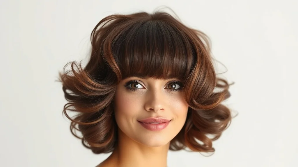 A person with a brunette wig styled with voluminous curls from hot rollers, smiling