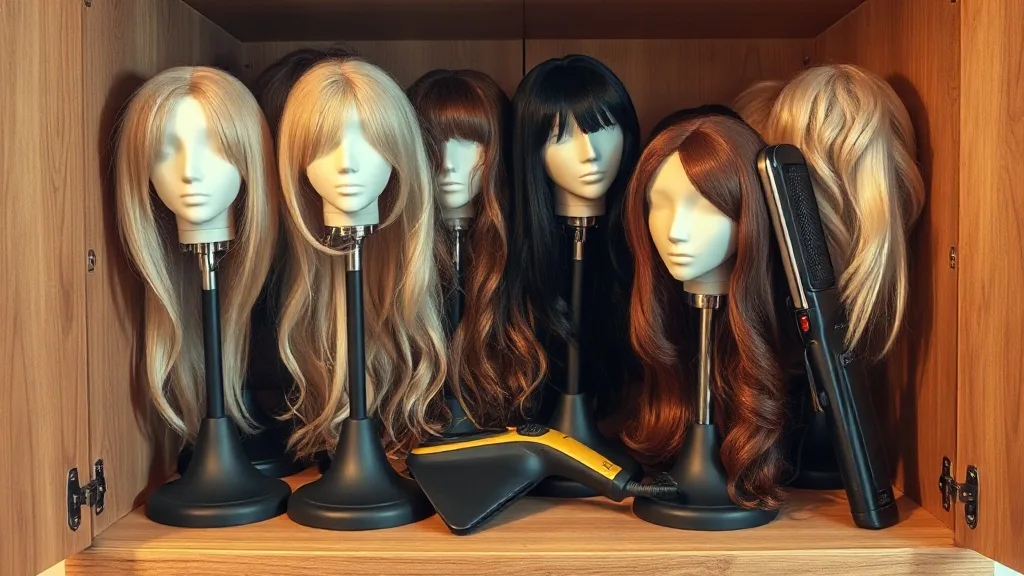 Neatly stored wigs on stands with a flat iron and steamer on a shelf