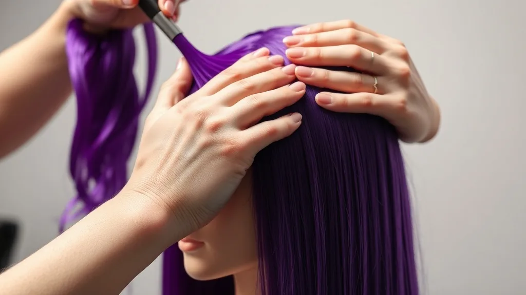 Close-up of a human hair wig being dyed with a brush, showing color application