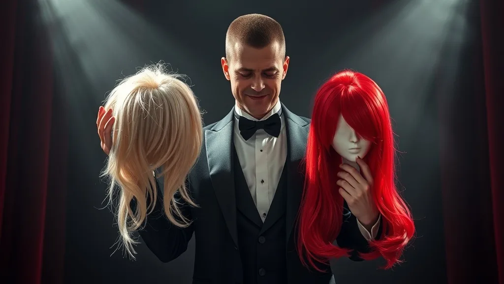 A magician in a tuxedo holding two wigs, one natural and one brightly colored
