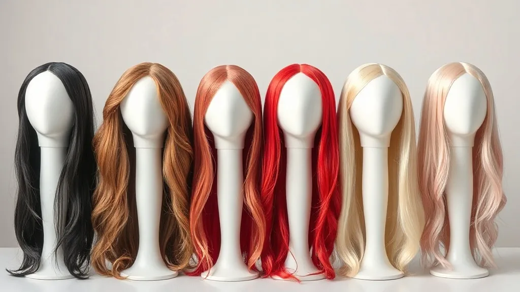 Several synthetic wigs in different colors on mannequin heads, showcasing color range