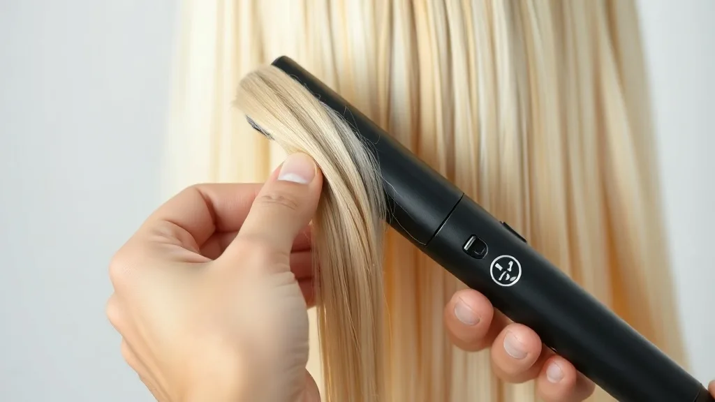 Woman testing a strand of heat-friendly synthetic wig with a flat iron to lighten color