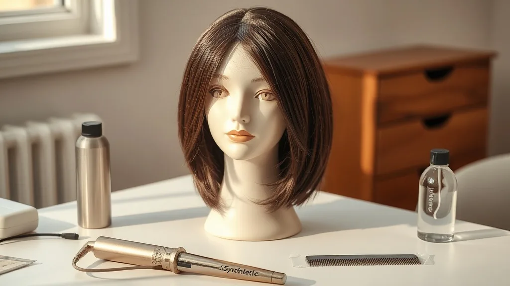 A wig styling table with a mannequin head, curling iron, comb, and two wigs—one synthetic and one human hair—being prepared for styling.