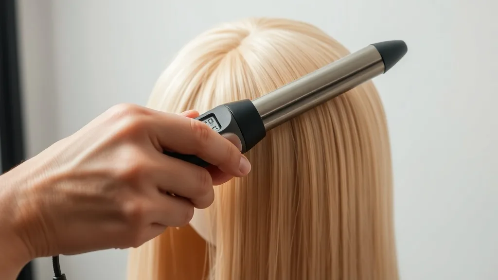 A person using a curling iron on a blonde synthetic wig on a mannequin, with a thermometer showing 280°F.