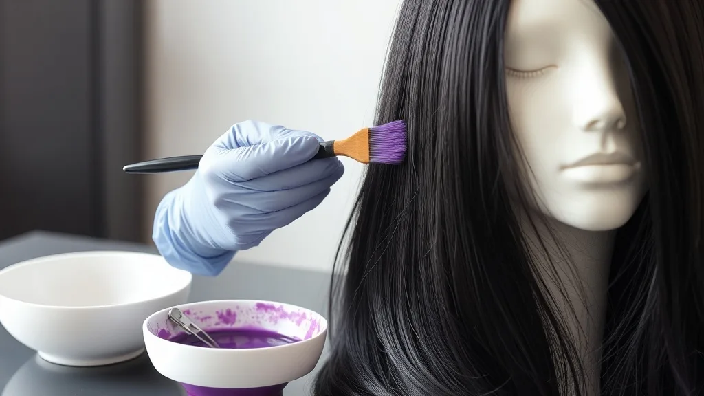 A gloved hand applying semi-permanent hair color to a long black human hair wig on a mannequin, with a bowl of dye beside it.