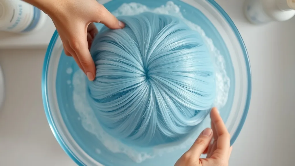 A person gently swirling a synthetic wig in a bowl of cold water with wig shampoo.