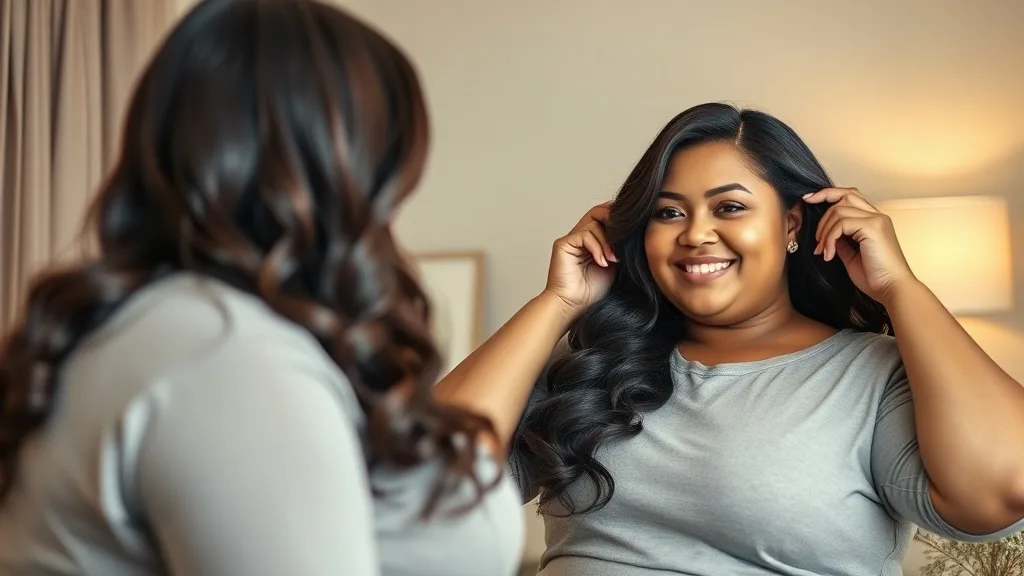 Confident woman with a plus-size wig adjusting her wig in a mirror
