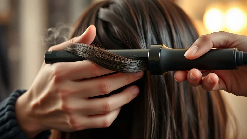 Close-up of a curling iron being used on a wig section