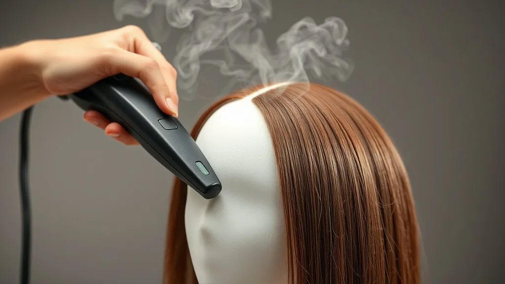 A woman flat ironing a wig on a styling wig block, using a flat iron in small sections