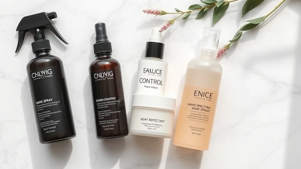 A flat lay of wig styling products including shine spray, serum, edge control, and heat protectant