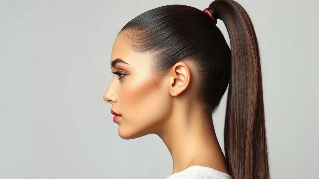 A woman wearing a sleek high ponytail wig, side profile, showcasing the smooth finish and baby hairs