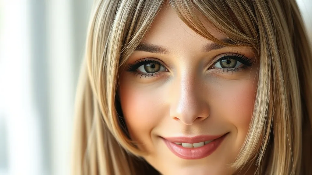 Close-up of a woman with a heart-shaped face wearing a wig with side-swept bangs, emphasizing eyes and softening forehead.