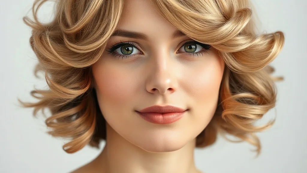 A woman with a heart-shaped face wearing a curly wig that adds fullness near the jawline, creating a balanced look.