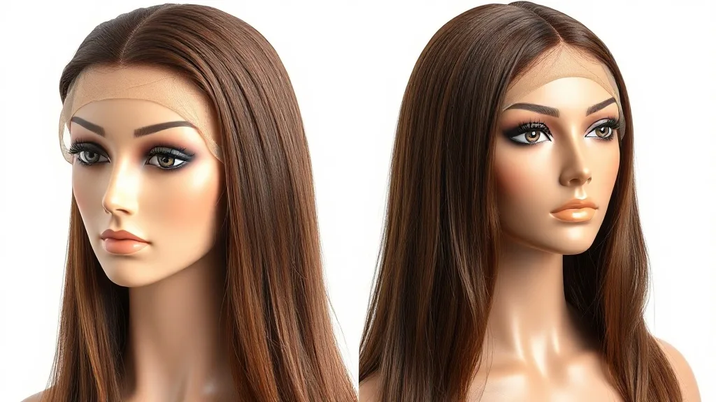 Side-by-side view of a lace front wig and a full cap wig on mannequin heads, highlighting cap construction