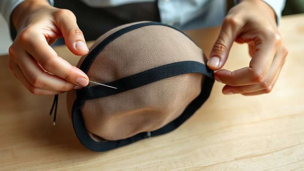 A person sewing a piece of elastic to the inside of a wig cap between ear tabs