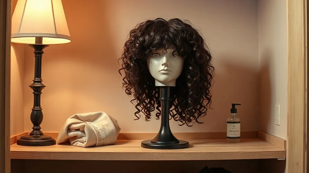 A curly wig stored on a wig stand with a satin bonnet nearby