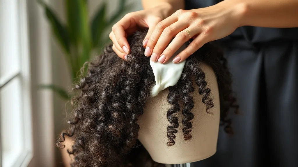 A woman applying leave-in conditioner to a curly wig on a stand