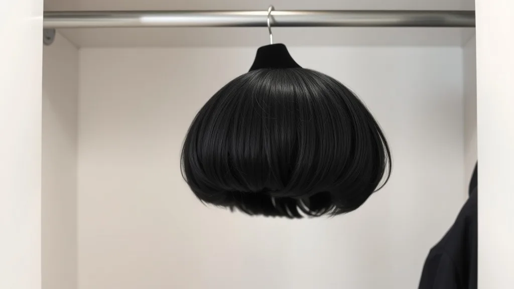 A short synthetic wig hanging on a padded hanger by its cap straps, in a closet