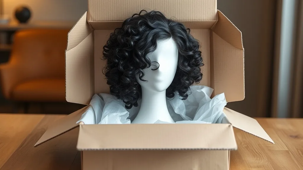 An open wig box containing a long curly wig on a foam head, surrounded by white tissue paper