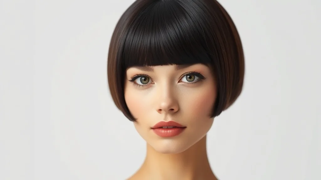 Woman with oval face wearing a classic blunt bob wig with center part
