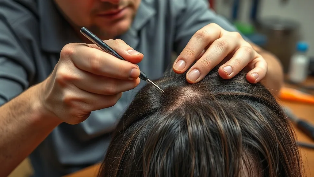 Wig technician knotting human hair into a lace cap with a ventilating needle.