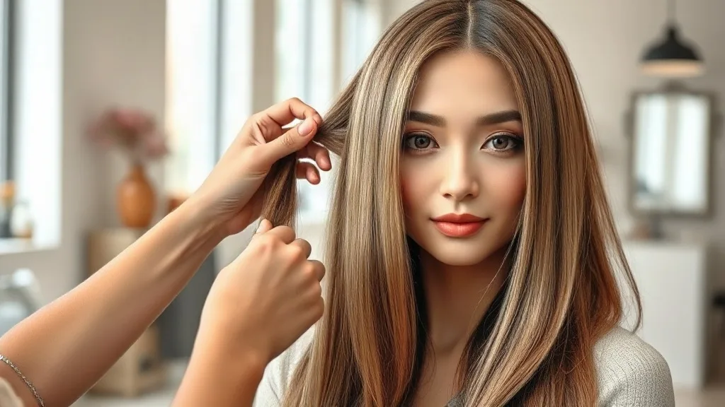 Woman wearing a natural human hair wig while a stylist inspects the hair strands in a salon.