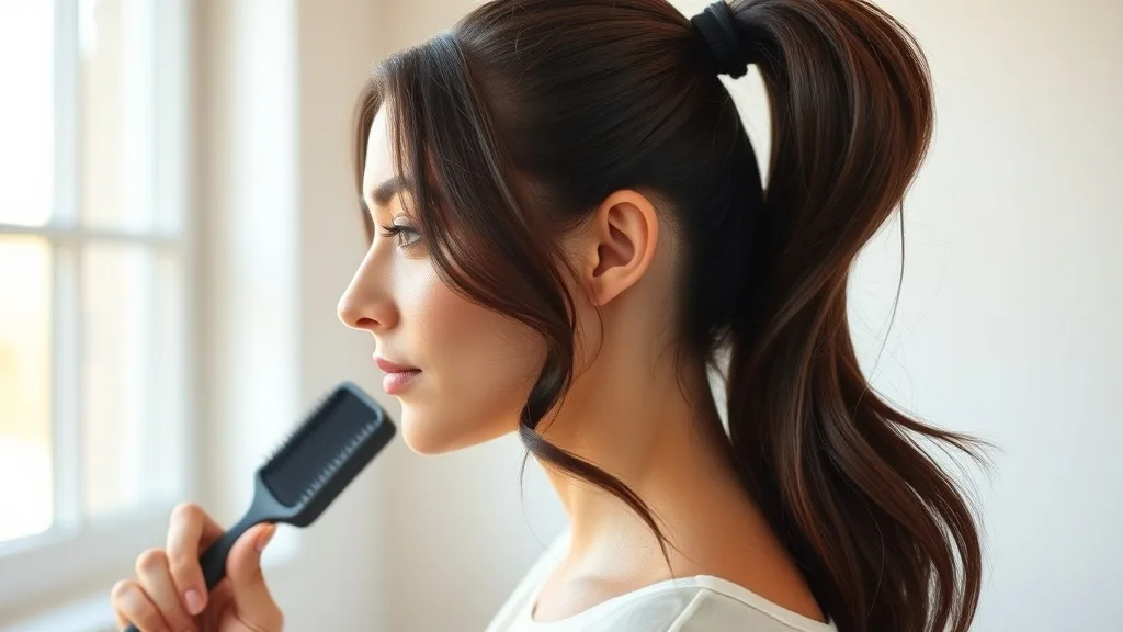 A woman styling her full lace wig into a high ponytail, showing the lace cap at the nape