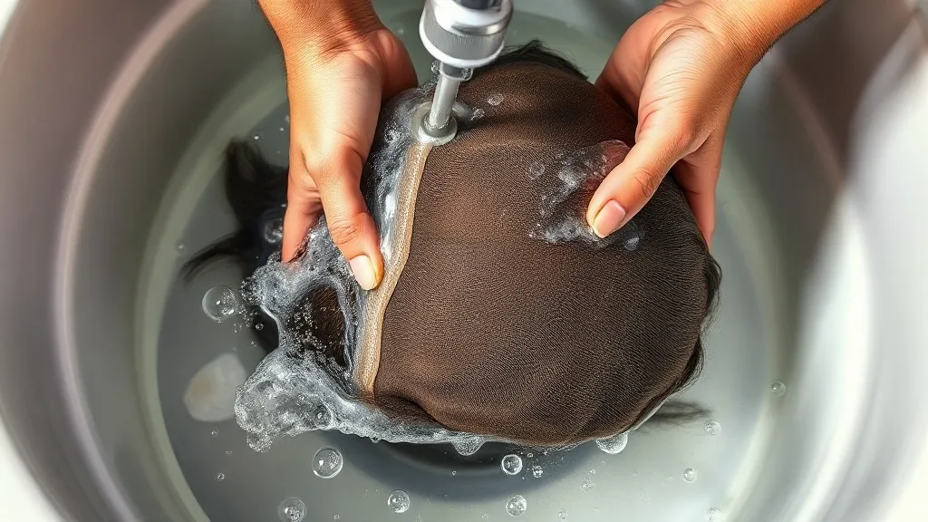 Hands gently washing a full lace wig in a basin of water with shampoo