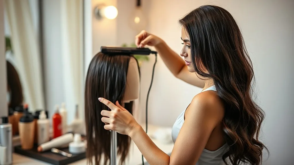 Woman using a flat iron to style a full lace wig on a wig stand