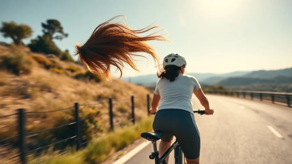 Woman wearing a full lace wig while biking, wind blowing hair back, lace hairline secure