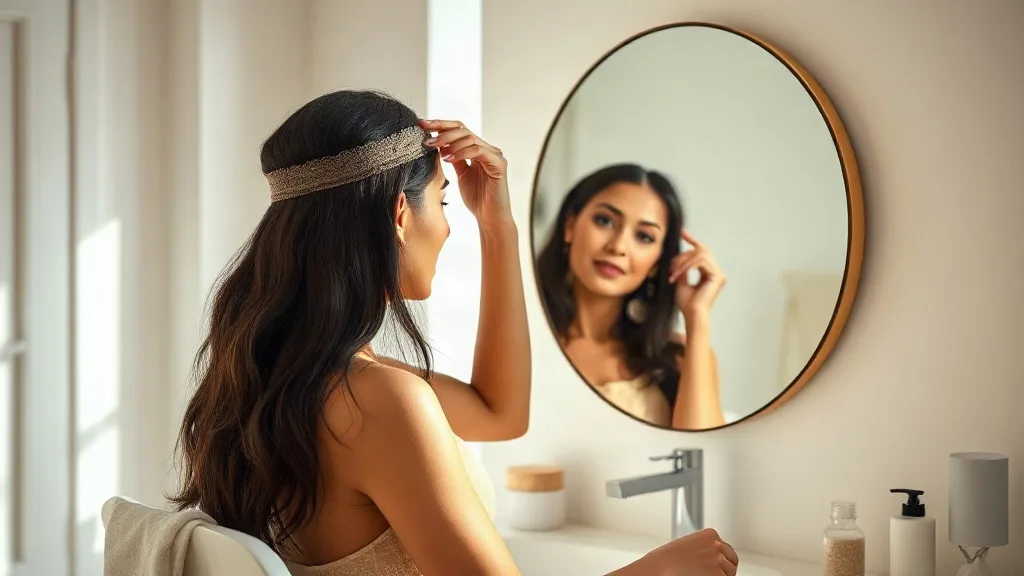 Woman seated at a bright bathroom vanity pressing the front edge of a lace front wig into her hairline while looking in a mirror